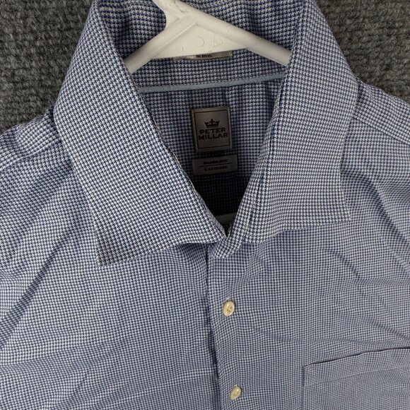 Peter Millar 16.5 Tall Blue Houndstooth Nanoluxe Easy Care Button Up Cotton - Picture 7 of 16
